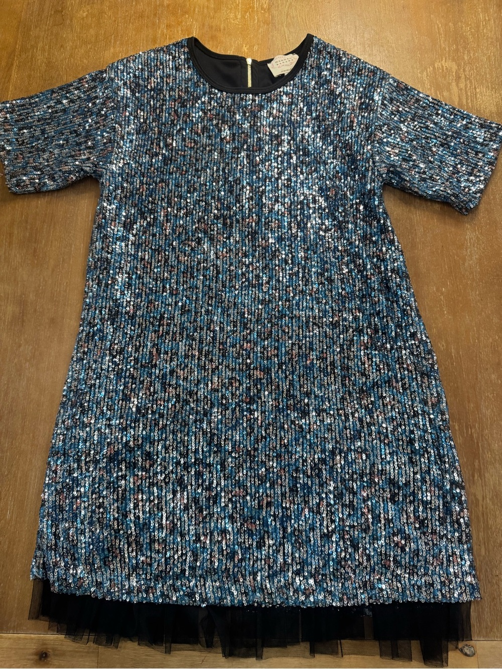 Hannah Banana Blue Sequin Shift Dress with Black Tulle Trim